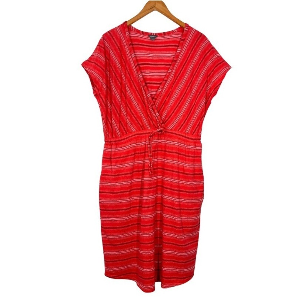 Eddie Bauer Womens Red Striped Surplice V-Neck Midi Dress XL Pockets Cap Sleeve
